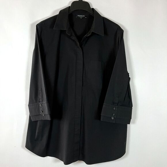 Lafayette 148 Button Up Tunic Shirt 16W Hidden Buttons Double Cuff Black Relaxed - Picture 1 of 9